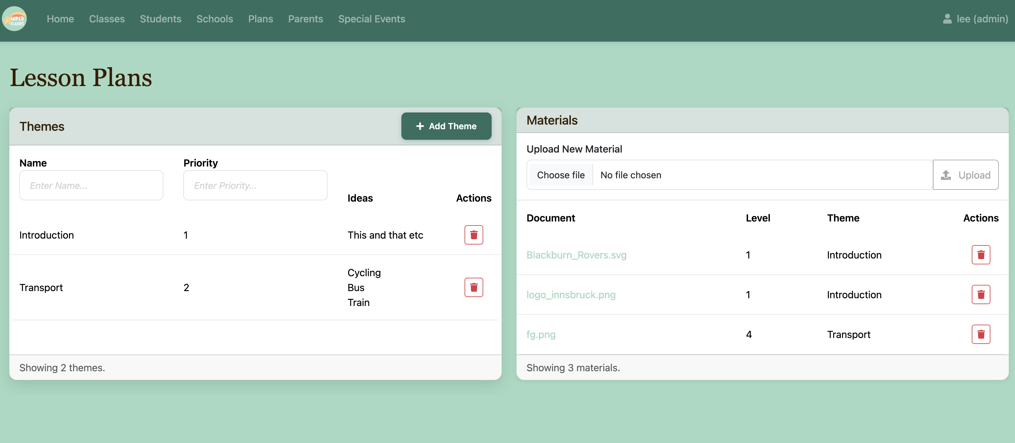 Lesson Plan Themes and Uploaded Materials